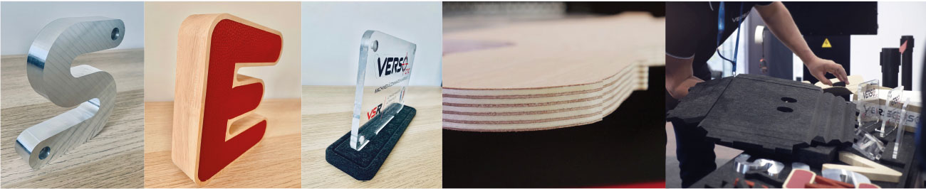 Production examples: aluminium, wood, PMMA, plywood